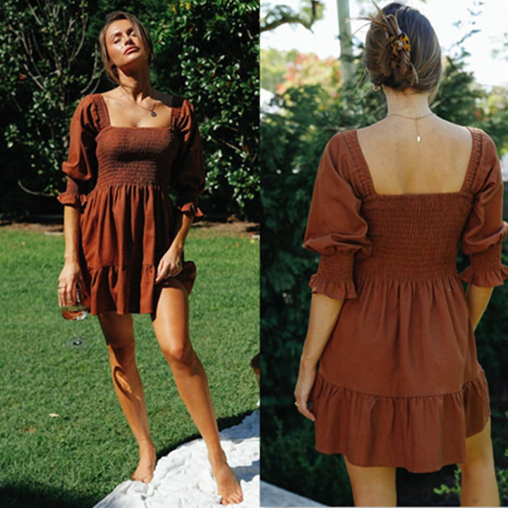 Robe mini femme à épaules dénudées avec ourlet volanté élastique et manches bouffantes Levoire