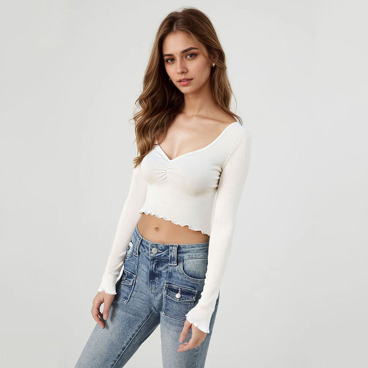 Chemise à manches longues cropped pour femmes avec ourlet volant joueur Levoire
