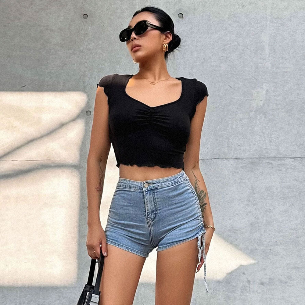 Top court pour femme avec un ruché élastique et un col en V tendance Levoire
