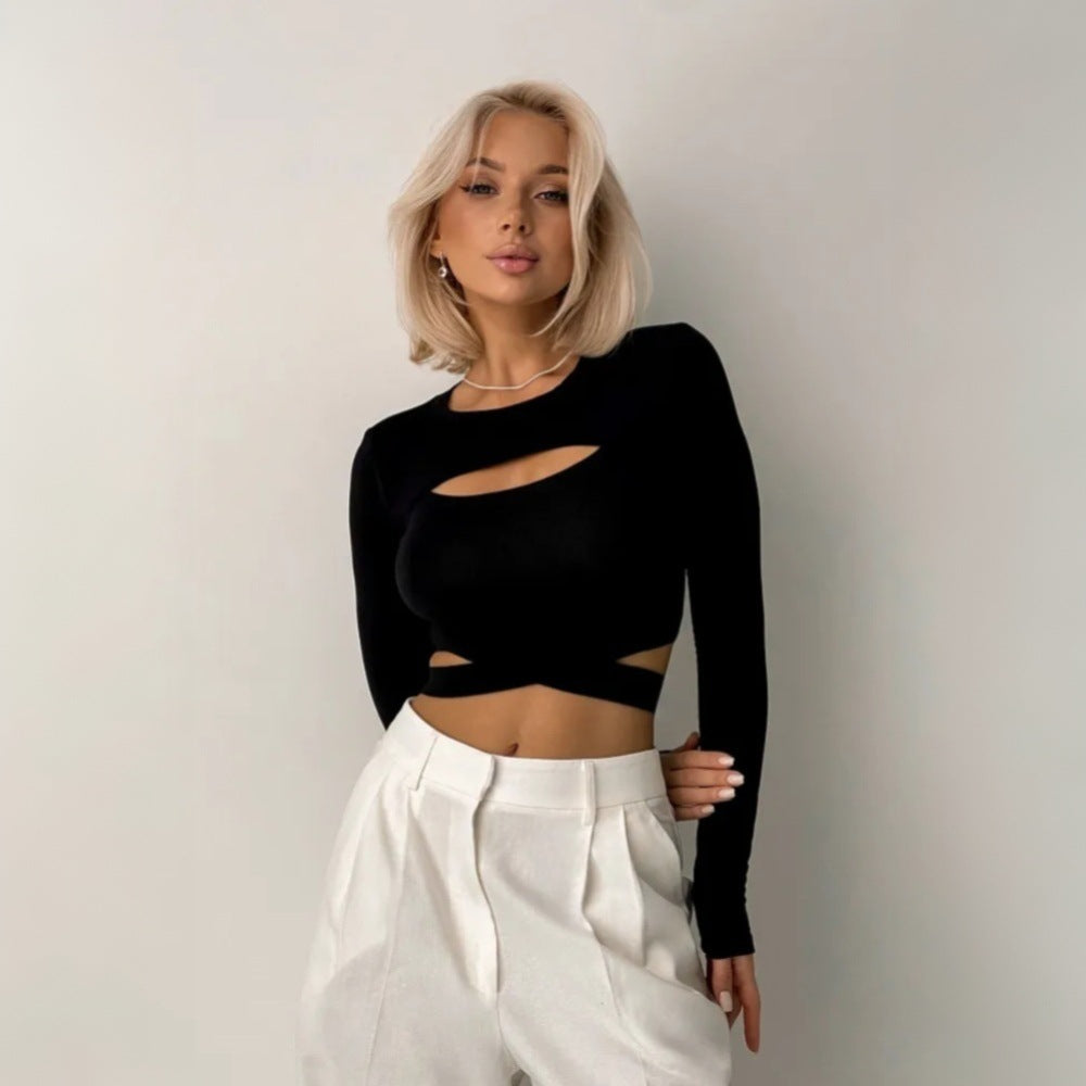 Chemise à manches longues courte pour femme avec design innovant à découpes et taille élastique Levoire