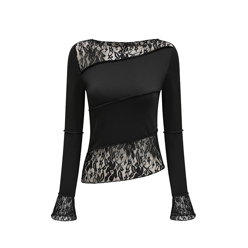 Levoire | T-shirt longue à manches longues en dentelle Slim Fit délicate noir