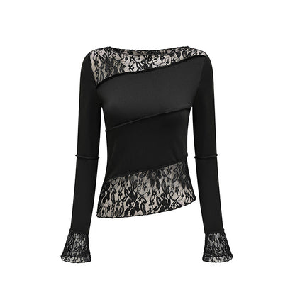 Levoire | T-shirt longue à manches longues en dentelle Slim Fit délicate noir