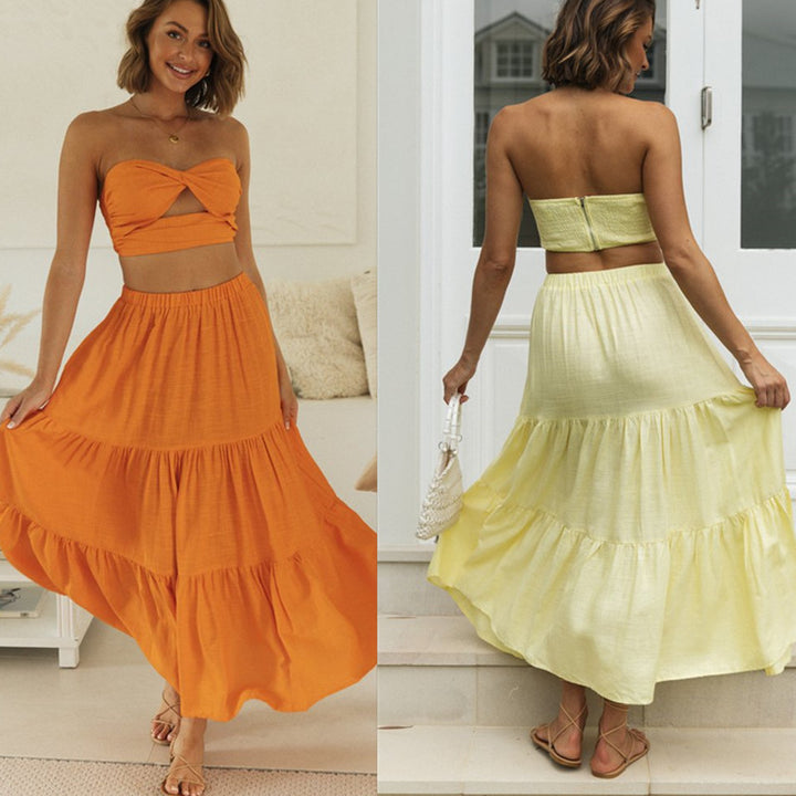 Ensemble Femme Deux Pièces composé d'un Top Court et d'une Jupe Maxi avec Silhouette Aérée Levoire