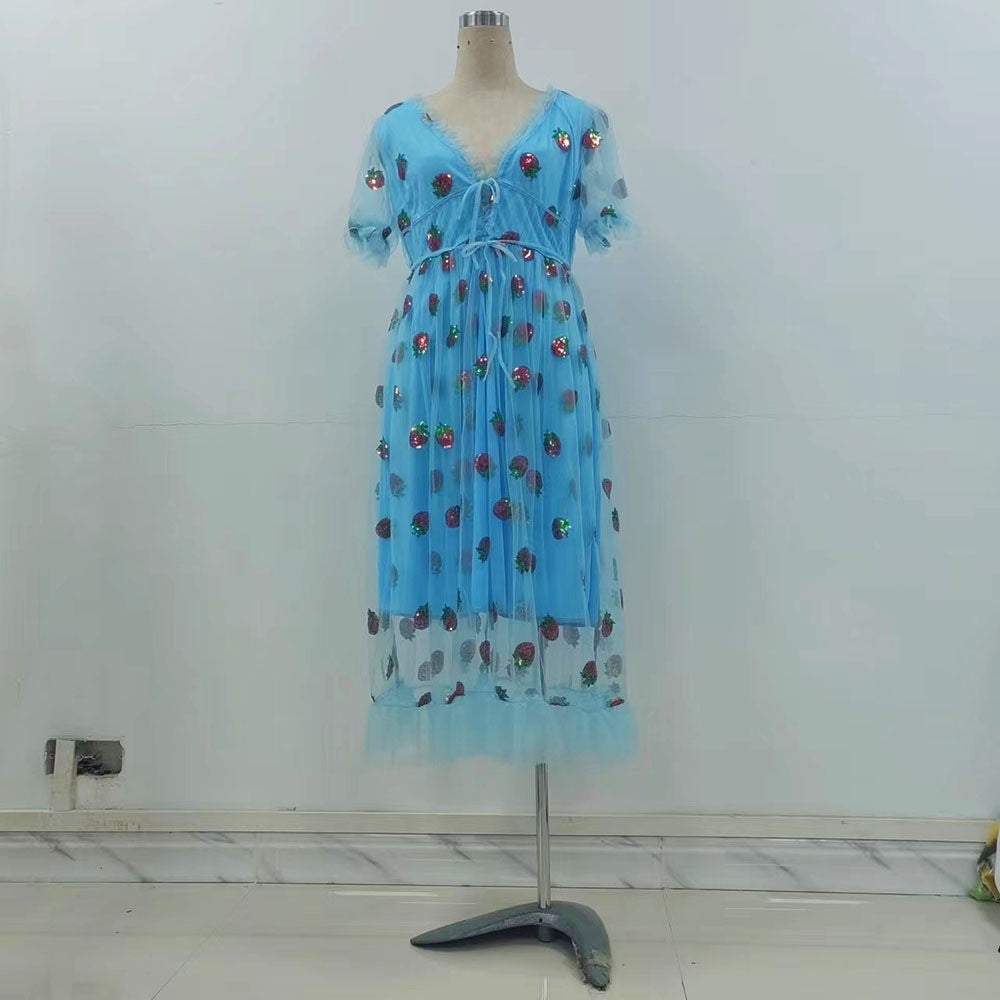 Levoire | Robe d'été tendance à nœud en maille Fraise bleue
