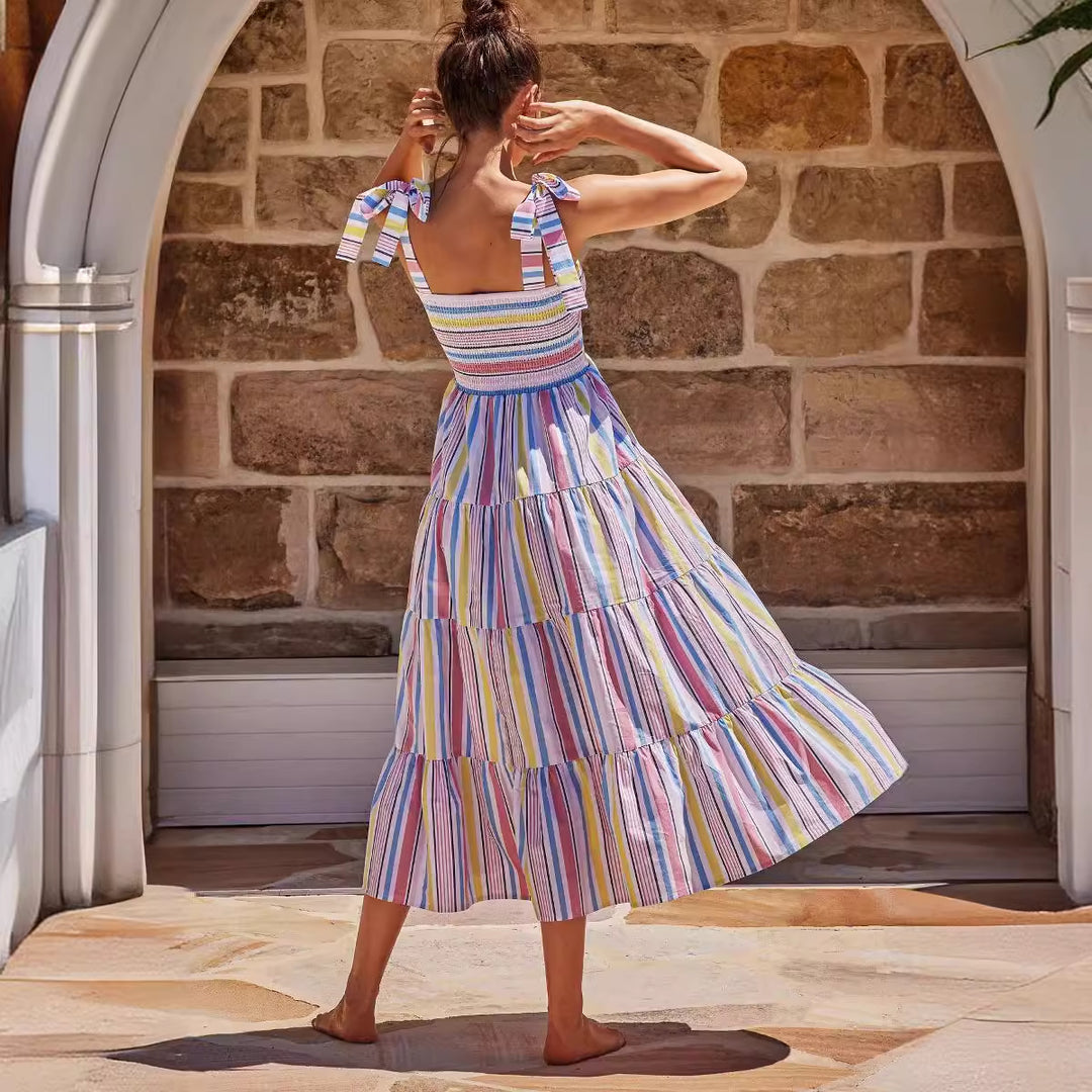 Robe maxi aérienne pour femme avec haut élastique et volants rayés Levoire