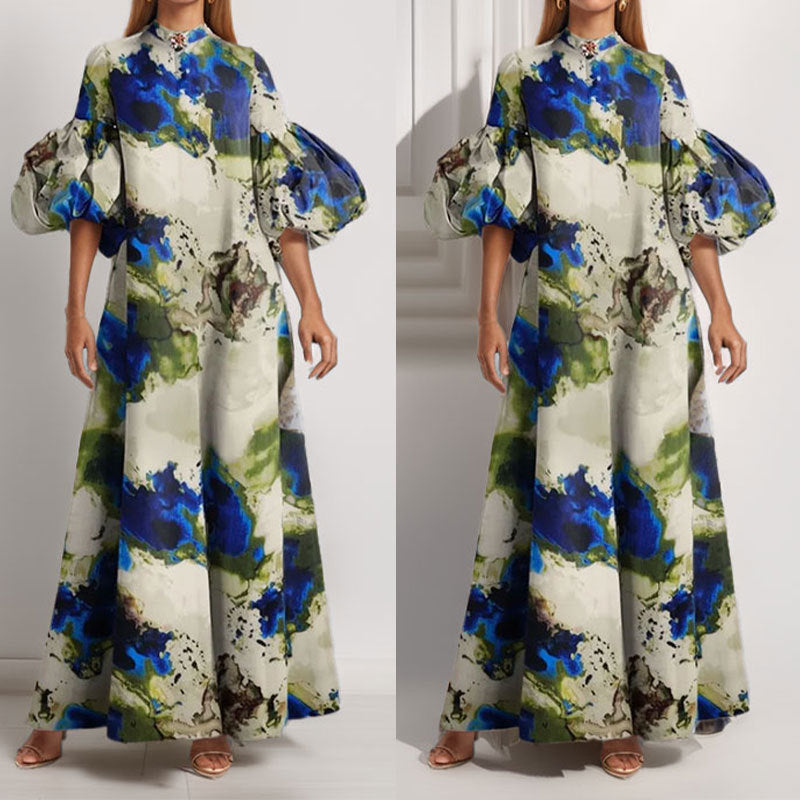 Robe maxi pour femmes avec des manches bouffantes volumineuses et un design coloré complexe Levoire