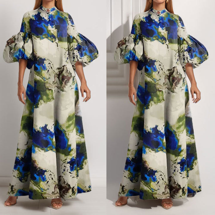 Robe maxi pour femmes avec des manches bouffantes volumineuses et un design coloré complexe Levoire