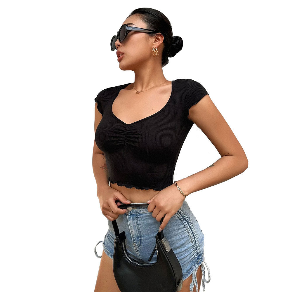 Top court pour femme avec un ruché élastique et un col en V tendance Levoire