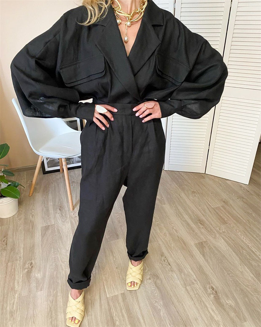 Combinaison en lin à la mode pour femme avec des manches volumineuses et une élégante ceinture à nouer Levoire