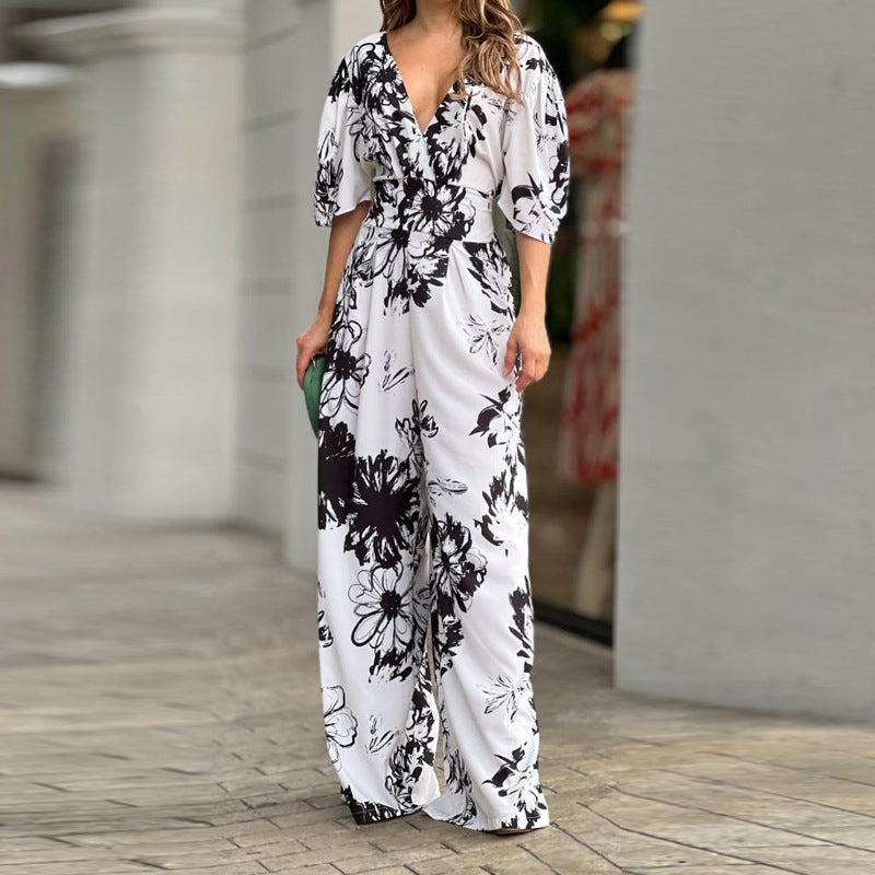 Femmes Combinaison Élégante en Design Floral avec Jambe Large Levoire