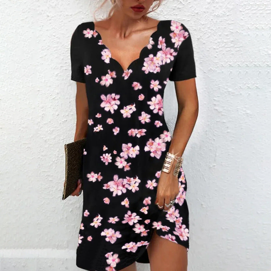 Levoire | Imprimé tendance en V à col en V Robe décontractée à manches courtes 1-Plein de fleurs de pêcher