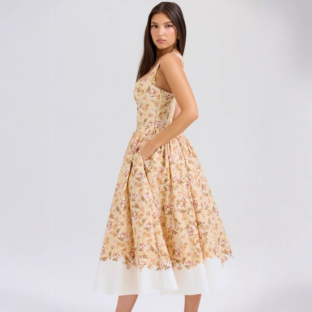 Robe Midi Femme avec Motif Floral Élégant et Fines Bretelles Levoire