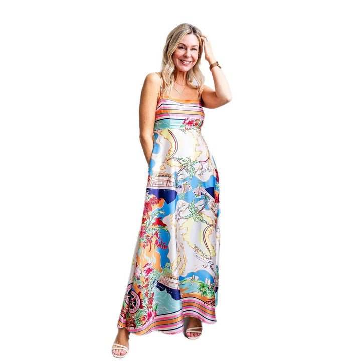 Robe maxi femme avec imprimé coloré et bretelles spaghetti Levoire