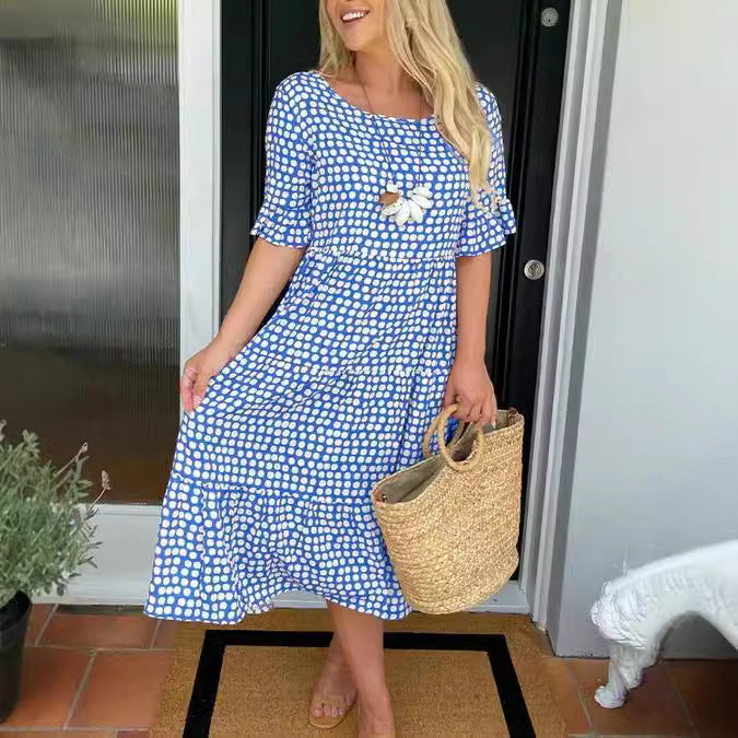 Levoire | Robe imprimée été col rond-robe imprimée Bleu