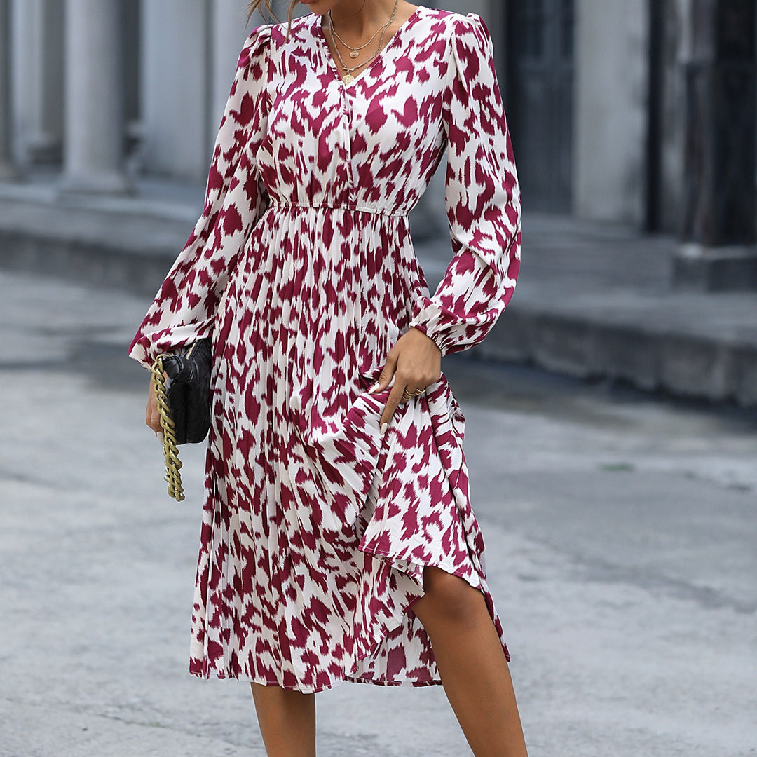 Robe Midi Femme avec Décolleté en V Élégant et Manches Volumineuses Levoire