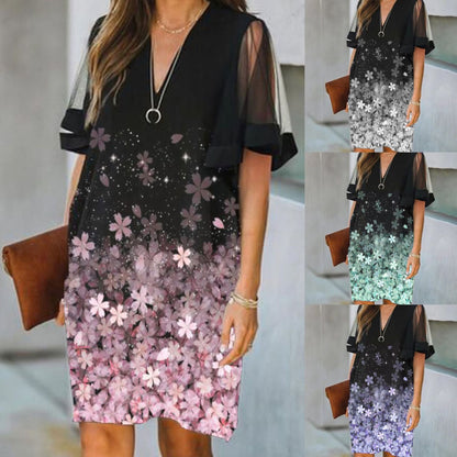 Levoire | Élégant Imprimé Floral Col V Robe à Manches Bouffantes