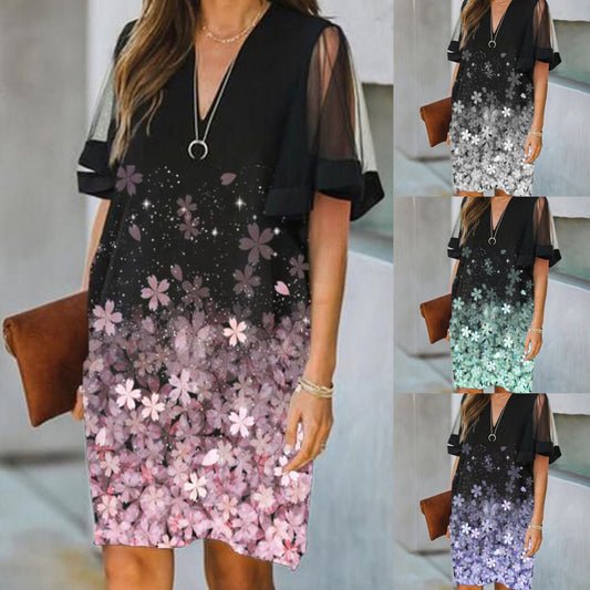 Levoire | Élégant Imprimé Floral Col V Robe à Manches Bouffantes