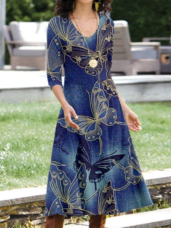 Levoire | Rennbörssi Impression Col rond Trois-quatre pièces Manches Robe Bleu foncé