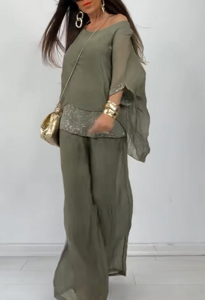 Costume de pantalon deux pièces élégant pour femmes avec haut scintillant Levoire