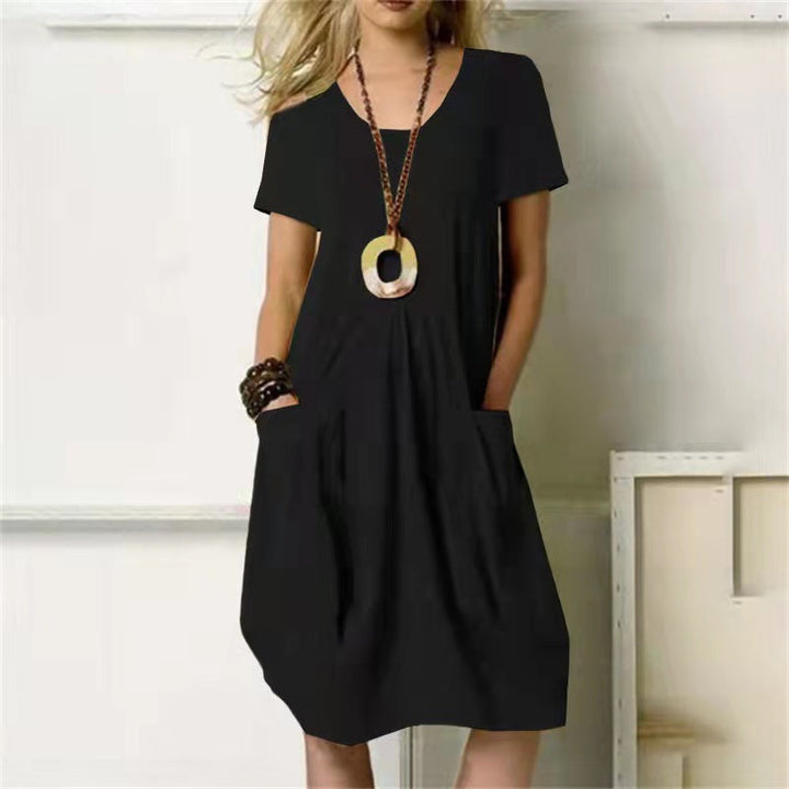 Levoire | Robe Simple Une Couleur Avec Col Rond Décontracté Et Manches Courtes Noir