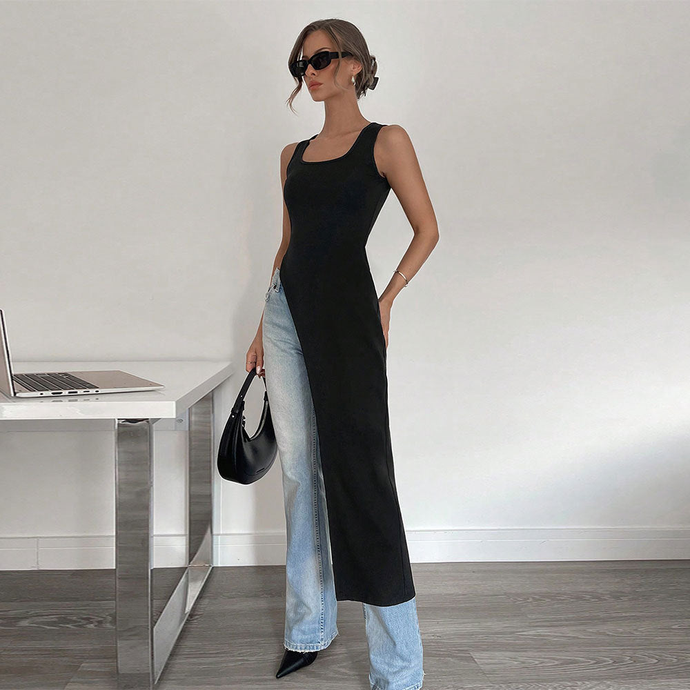 Robe maxi asymétrique pour femmes avec encolure ronde profonde et coupe fluide Levoire