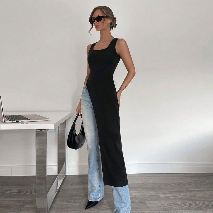 Robe maxi asymétrique pour femmes avec encolure ronde profonde et coupe fluide Levoire