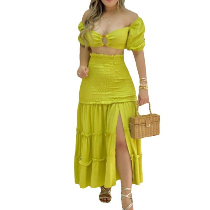 Robe d'été deux pièces pour femmes en tissu froissé avec manches bouffantes et fente haute Levoire