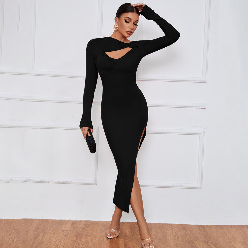 Robe élégante à manches longues pour femmes avec découpe stylée et fente haute Levoire