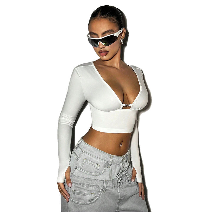 Haut à manches longues cropped pour femmes avec décolleté en V profond et boucle décorative Levoire