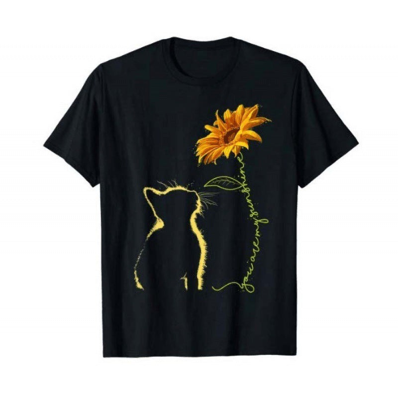 T-shirt femme avec motif créatif de chat et de tournesol Levoire