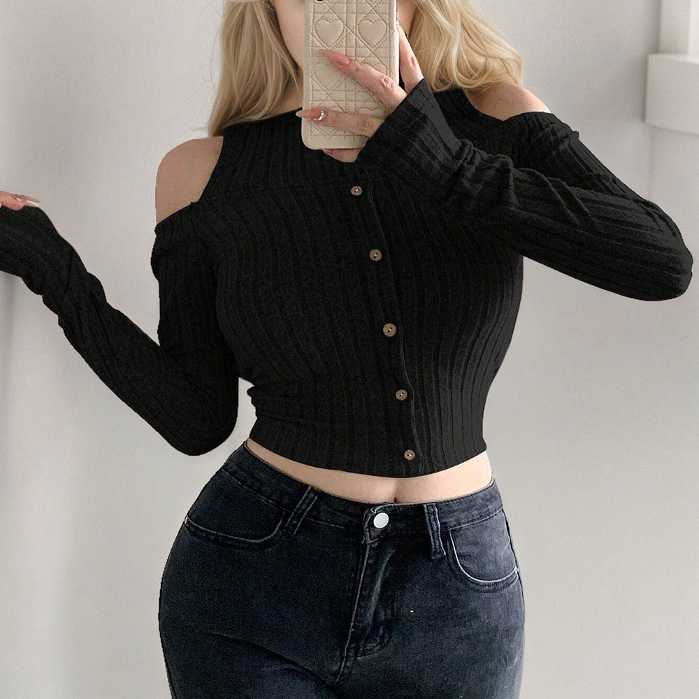 Pull long à manches longues pour femmes, cropped, avec des détails à épaules dénudées et fermeture à boutons Levoire