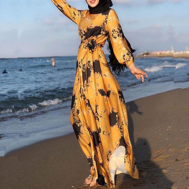Levoire | Élégant Imprimé Mode Corde Slim Robe Jaune