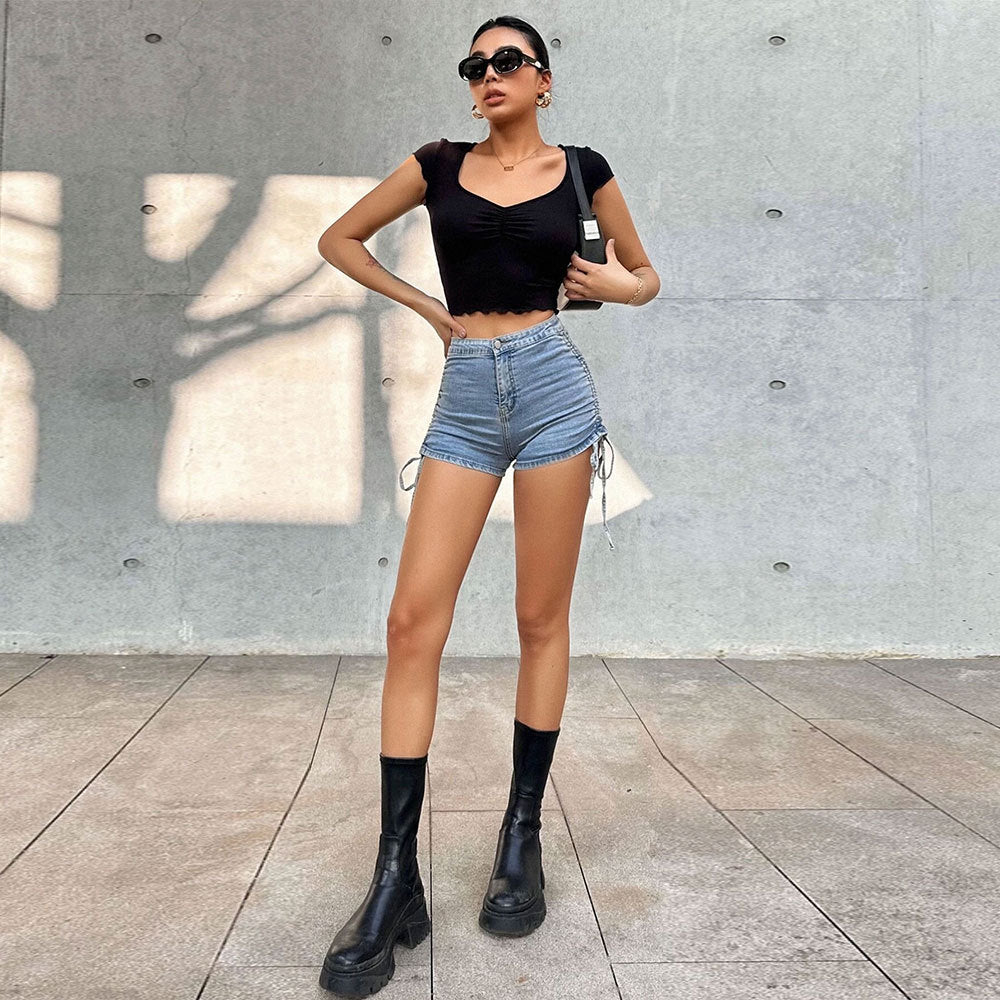 Top court pour femme avec un ruché élastique et un col en V tendance Levoire