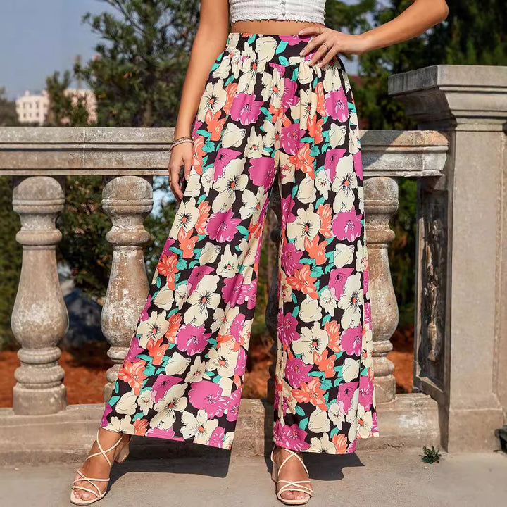 Pantalons palazzo légers pour femmes avec motif floral coloré et taille élastique Levoire