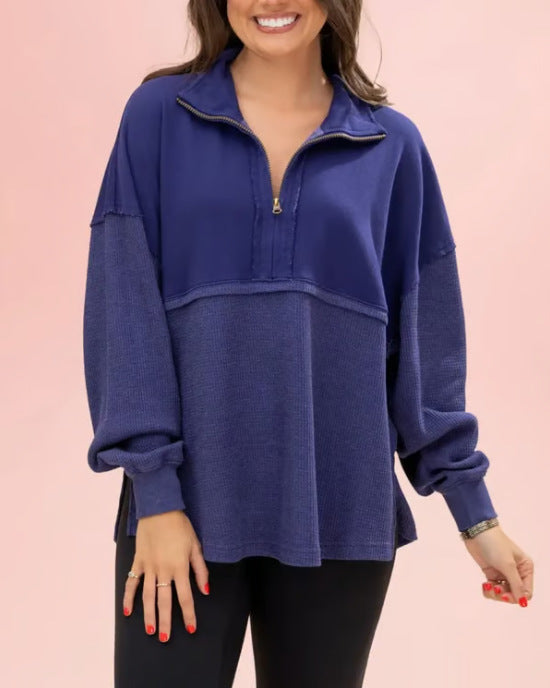 Sweat-shirt décontracté pour femmes avec fermeture éclair half et manches volumineuses Levoire