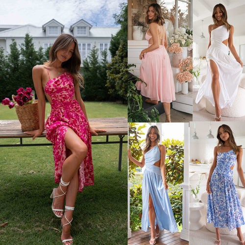 Robe maxi découpée pour femmes avec décolleté asymétrique et jupe fluide Levoire