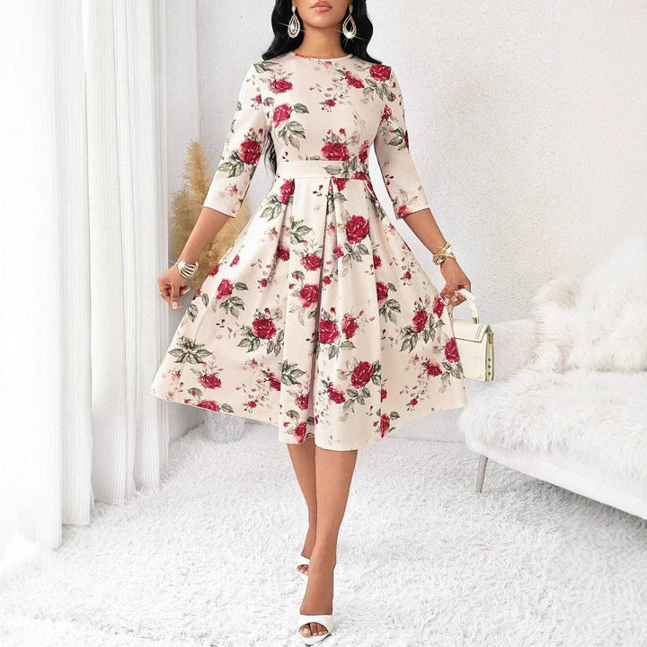 Levoire | Robe midi à motifs floraux élégante avec demi-rouleaux Abricot
