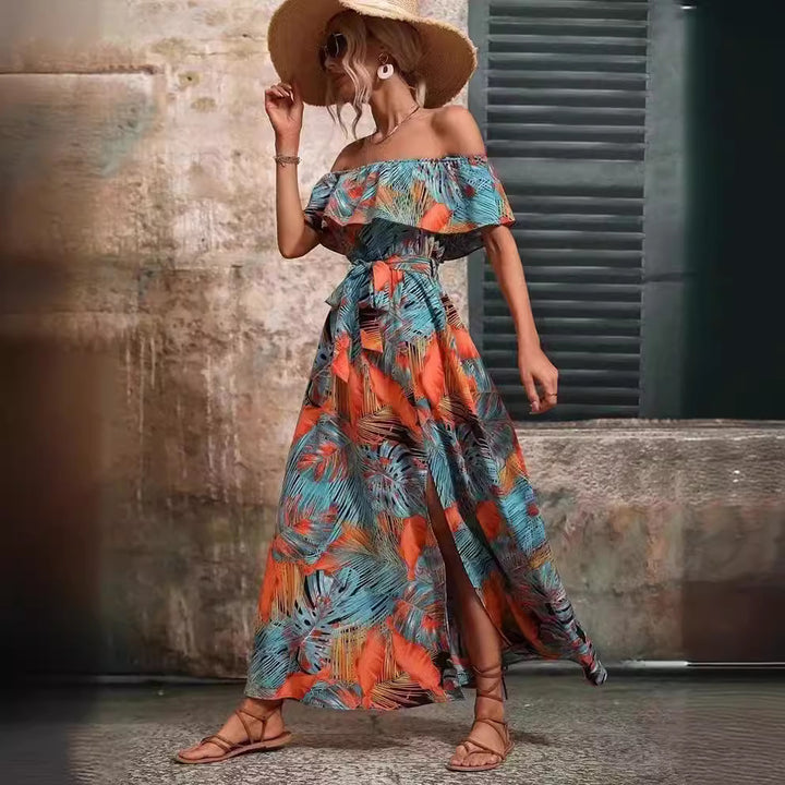 Robe maxi femme avec design épaules dénudées et fente profonde Levoire