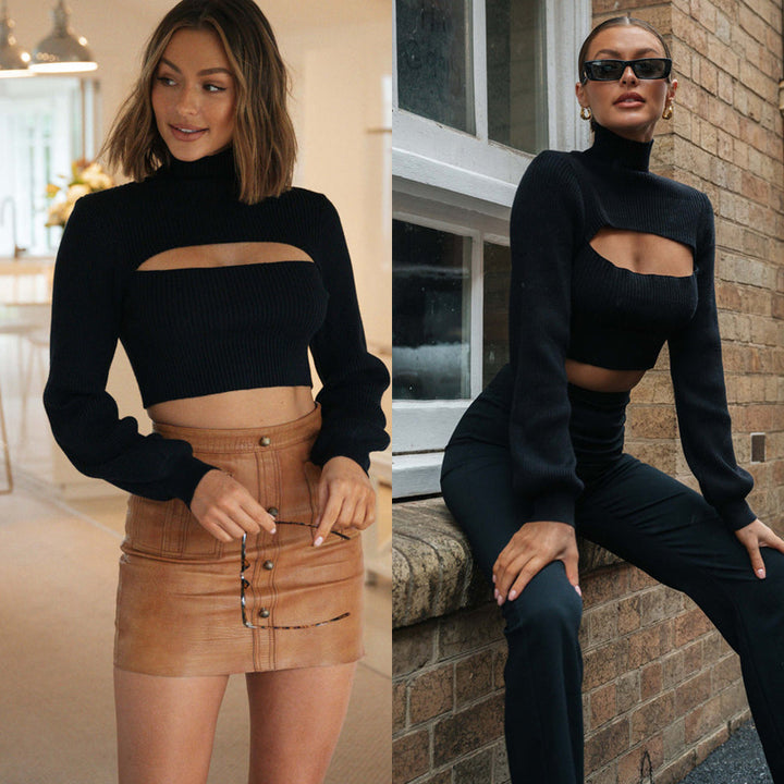 Sweater court élégant pour femmes avec col montant et découpe Levoire