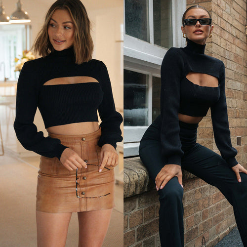 Sweater court élégant pour femmes avec col montant et découpe Levoire