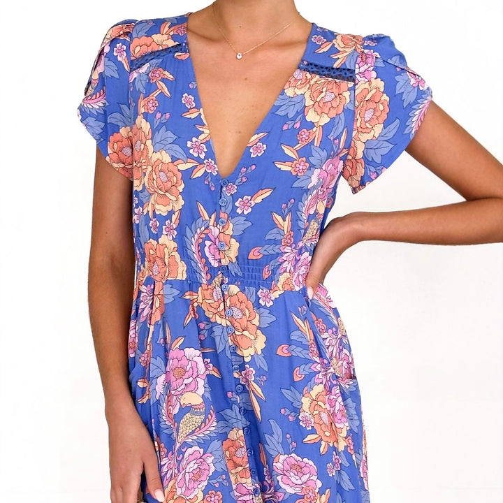 Robe maxi pour femmes avec motif floral et décolleté en V profond Levoire