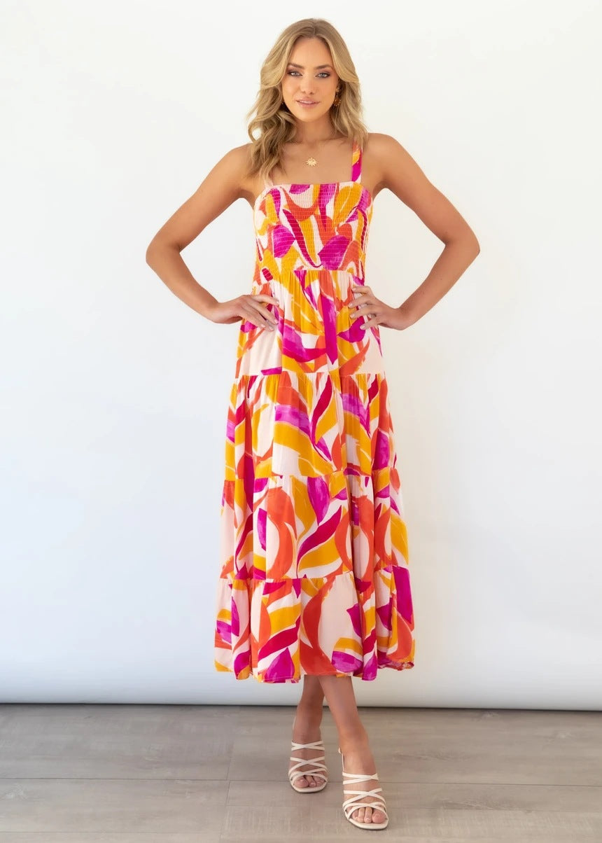 Robe maxi inspirée du boho pour femmes avec motif floral coloré et haut élastique Levoire