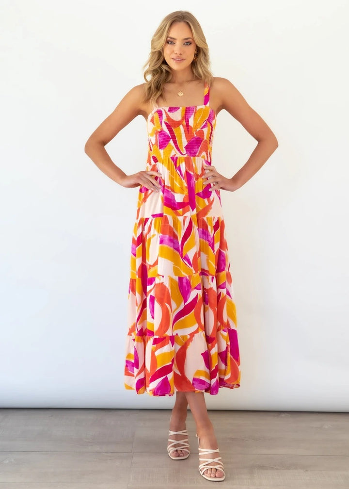 Robe maxi inspirée du boho pour femmes avec motif floral coloré et haut élastique Levoire