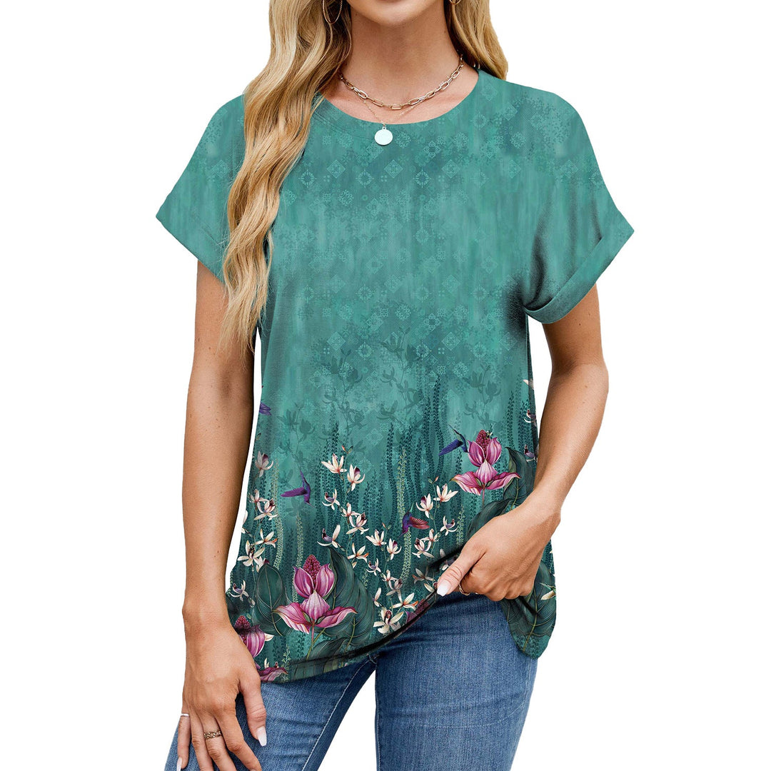 Levoire | Rento Col Rond Détachable T-Shirt à Manches Courtes Fond vert avec des fleurs violettes