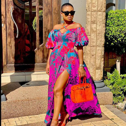 Levoire | Élégant Halter-decolleté Maxi-Robe à Manches Off-Shoulder V Magenta