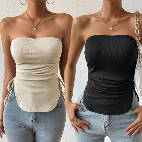 Top bustier pour femmes avec des détails de volant décoratifs et des bretelles à nouer Levoire