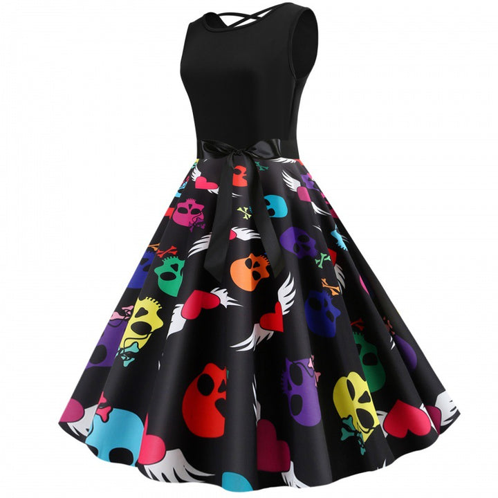 Robe swing femme avec design de crâne coloré et ceinture à lien latéral Levoire