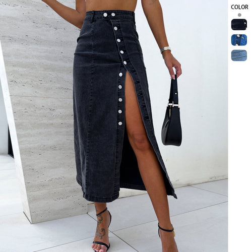 Jupe longue en denim pour femmes avec fente latérale et détails de boutons Levoire