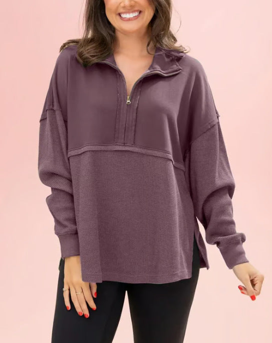 Sweat-shirt décontracté pour femmes avec fermeture éclair half et manches volumineuses Levoire