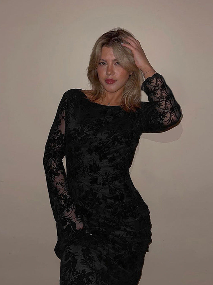 Robe Maxi Élégante pour Femmes avec Design Texturé Floral et Manches Longues Levoire